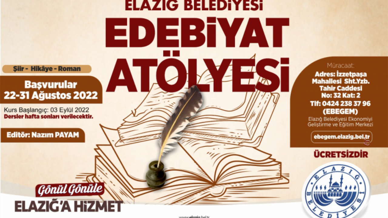 Elazığ Belediyesi Edebiyat Atölyesi Başvuruları Başlıyor